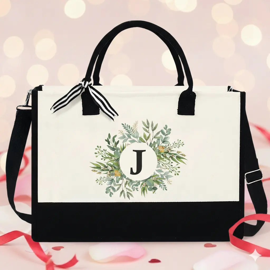 Initials Name Tote Bags - Xmas Gifts For Women, J - 13 oz Canvas Tote Bag With Zipper, Christmas Gift Idea