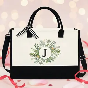 Initials Name Tote Bags - Xmas Gifts For Women, J - 13 oz Canvas Tote Bag With Zipper, Christmas Gift Idea