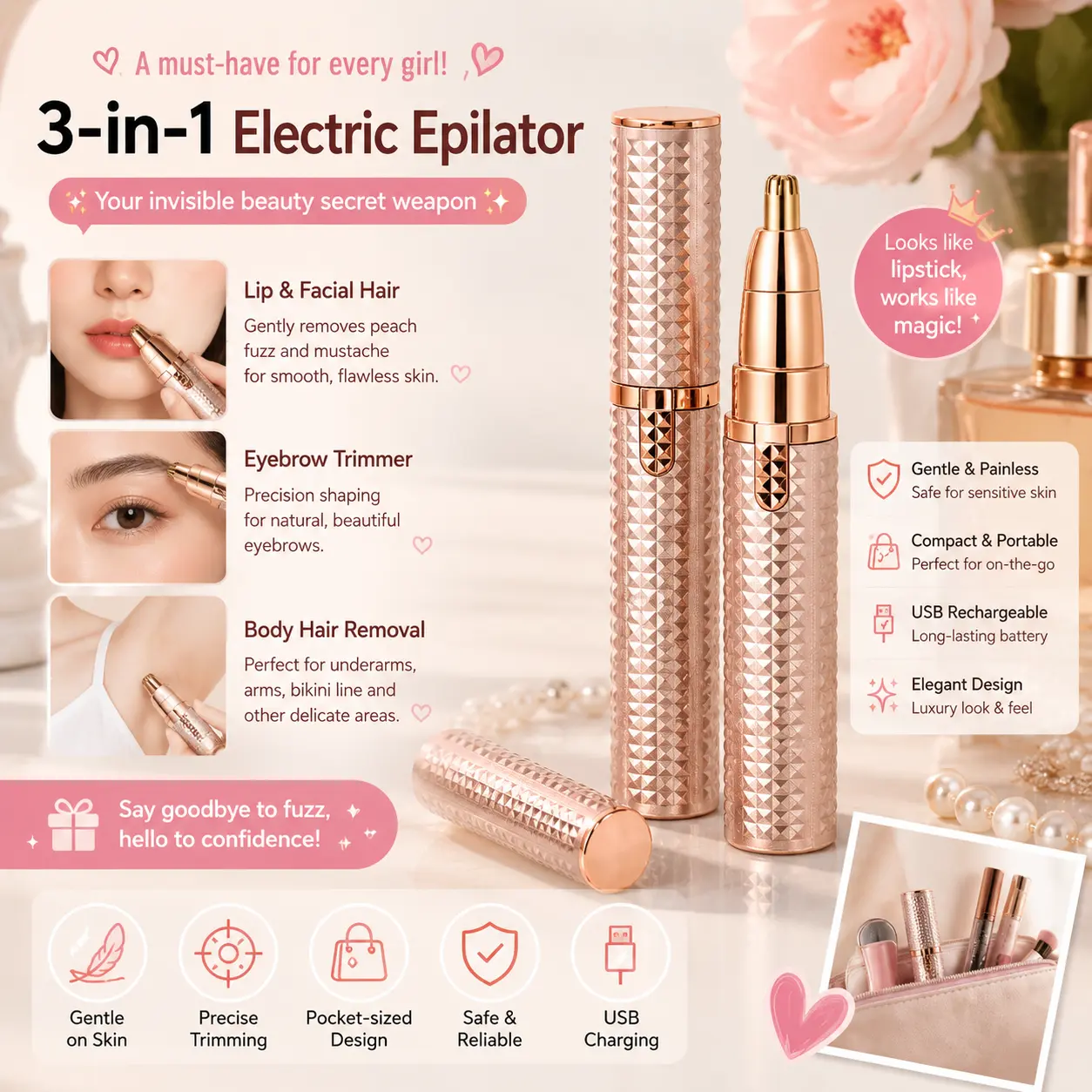 Women's Painless Plastic Electric Facial Trimmer - USB Rechargeable Hair Removal Razor with Brush, Portable Bikini Shaver for Lips, Chin, Fingers, White