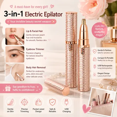 Women's Painless Electric All-Facial Hair Remover - Shaver, Epilator, USB Rechargeable Battery-Powered Tool with Charger, Cleaning Brush, Manual for Eyebrow, Lip, Chin Grooming, White