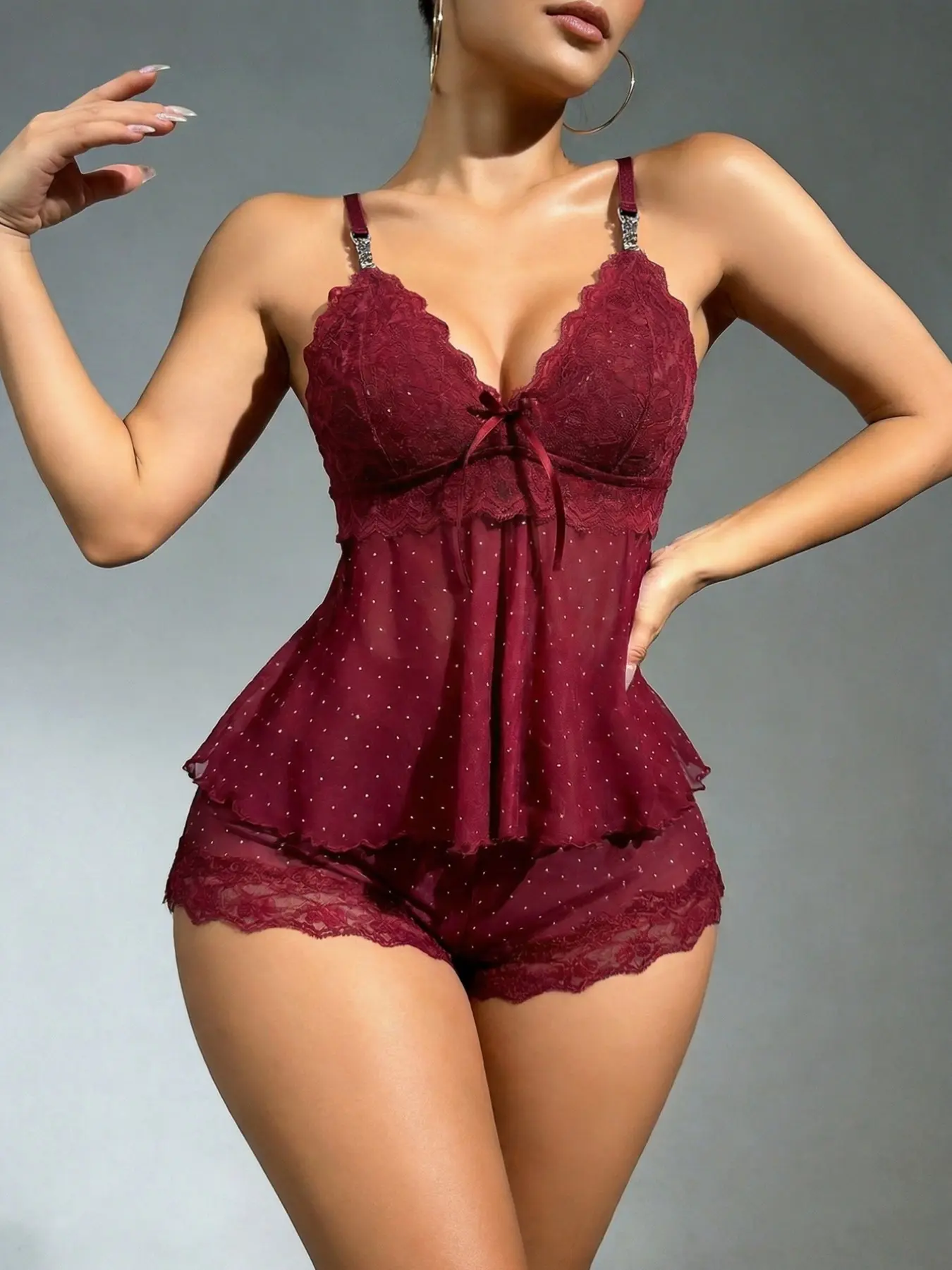 Women's Polka Dot Sexy Pajama Set, Elegant Mesh Lace Design, Strap Top + Shorts, Soft Comfortable Sleepwear for All Seasons Lingerie