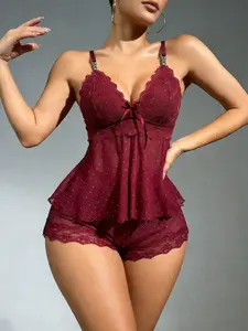 Women's Polka Dot Sexy Pajama Set, Sheer Lingerie, Elegant Mesh Lace Design, Strap Top + Shorts, Soft Comfortable Sleepwear Loungewear for All Seasons