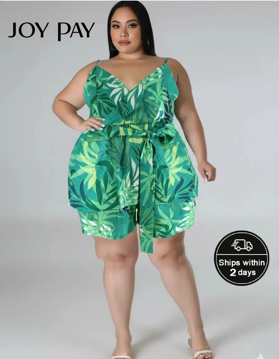 JOYPAY Women's Plus Size Green Tropical Leaf Print Sleeveless V-Neck Wrap Waist Shorts Overalls - Adjustable Fabric, Pockets, Comfortable Lightweight Style, for Casual Summer Vacation Beach Jumpsuit