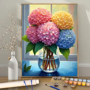 Paint by Numbers Kit for Adults Beginners, 1PC Hydrangeas in Glass Vase Window Scene 24Color Acrylic Paint on Canvas DIY Art Painting, No Frame Floral Painting for Wall Decor,  Father's Day, Christmas, Halloween, Mother's Day (16x20 inch)