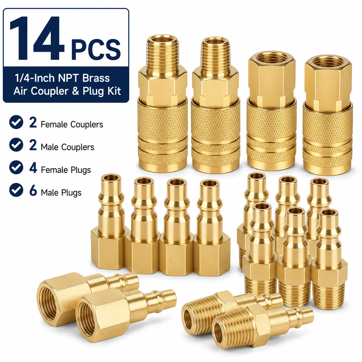 14-Piece Brass Air Compressor Quick Connect Kit, 1/4-Inch NPT Couplers, Plugs with Textured Sleeves for Camping & Hiking Tent Setup