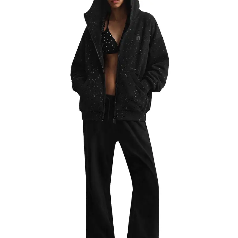 FDR Glitter Zip Up Hoodie Jacket Stand Collar Oversized Unisex Fall Winter, Basic, Streetwear, Piece, Sweatshirts, Tops, Bold Shine, Sparkle Finish