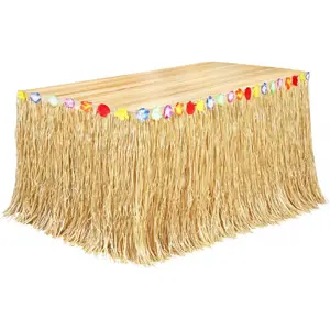 Luau Grass Table Skirt 9 Feet x 29.5 Inch Hawaiian Table Skirt for Tropical Hawaiian Party Decorations Luau Costume Party, Straw Yellow