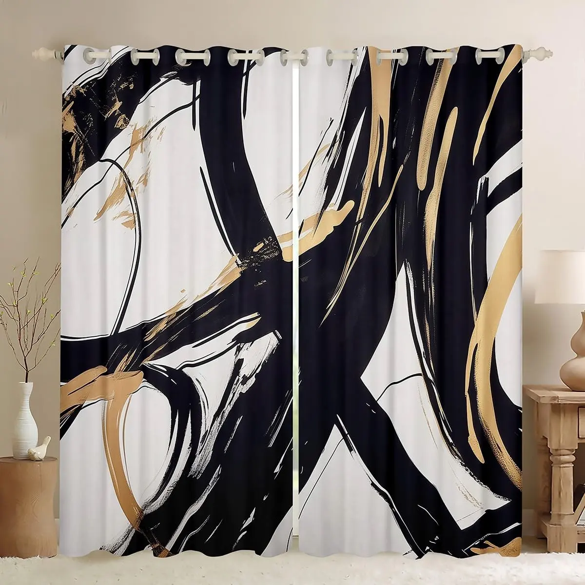 Black Gold Abstract Art Line Window Curtains for Bedroom Living Room Modern Geometric Print Curtains Minimalist Ink Line Window Drapes Blackout Curtains,,2 Panels