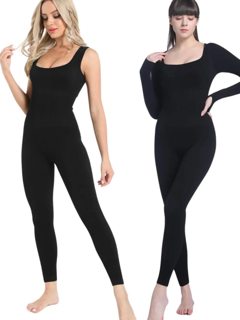2-Pack Snatch Me Up Jumpsuit – Tummy Control Square Neck Womenswear Bundle | Ribbed Sleeveless & Long Sleeve Jumpsuit | Women's Overalls Comfort Solid Color Jumpsuit Workout Jumpsuit