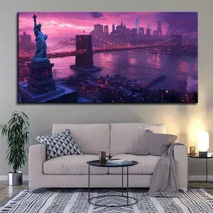 1 piece framed canvas painting, Brooklyn Bridge and Statue of Liberty, sailboat at night poster, fabric print and wall art for home office decoration