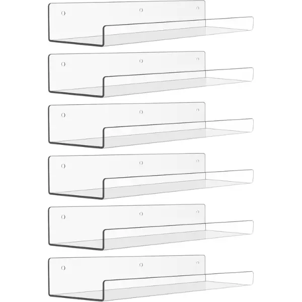 6 Pack Acrylic Shelves for Wall Storage, 15" x 4“ Floating Bookshelves for Kids, Display Shelf Organizer for Bathroom, Bedroom, Living Room, Kitchen, Room Decor, Clear