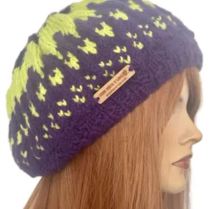 Hand Knits 2 Love Slouch Beanie Winter Hat purple Lime Multi Pattern Designer Women Fashion