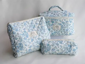 Blue Floral Quilted Travel Organizer Set，Cotton Blossom Quilted Toiletry Kit，Sky Blossom Padded Vanity Case， Soft Blue Cosmetic Bag