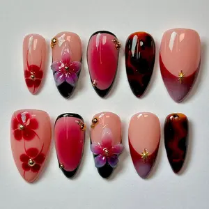 [LIMITED LAUNCH DEAL] Press On Nails, Autumn Burgundy Floral Ombre Design, Handmade Reusable Fake Nails, Dark Red Fall Nail Art