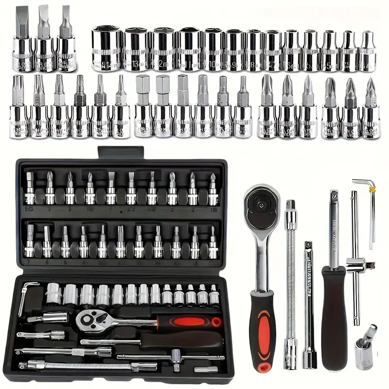 Ultra-Durable 46-in-1 Compact CR-V Steel Socket Wrench Kit, Multifunctional 1/4-in Drive Combination Ratchet Wrenches with 21 Bits, 13 Metric Sockets, Flexible Joint, Quick-Release Reversible Design, Chrome-Plated Finish for Mechanics, Auto Repair