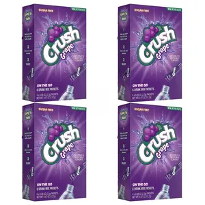 Crush Grape Sugar-Free Powdered Drink Mix 4 Count of 6 Packets - 24 Sticks Bundle Zero Sugar Good Source of Vitamin C D'Elite Box Beverage Mixed