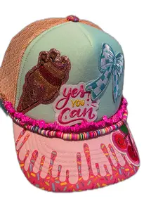 Sweet Success Custom Trucker Hat with Glittery Ice Cream Cone Blue Bow Yes You Can Patch Pink Sprinkle Drip Brim Hand-Beaded Detailing Pastel Perfection for Summer Festivals
