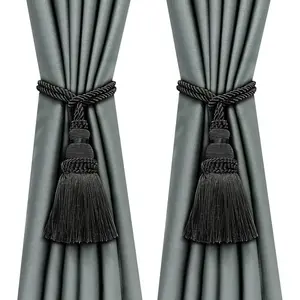 2 Pack Curtain Tie Backs Rope Tassels for Curtains Drape tiebacks Handmade Outdoor Home and Outdoor Decorative (Black, 2p)