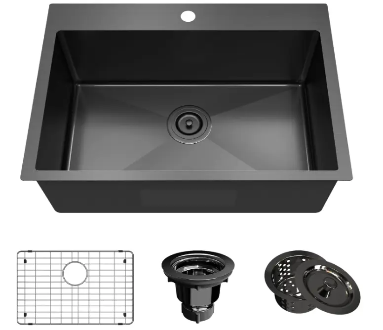 28 x 20 Inch Drop In Single Bowl Kitchen Sink, 18 Gauge T304 Stainless Steel Topmount Sink with Bottom Grid & Drain Strainer Set, Sloped Bottom Noise Insulated Anti-Clog Sink
