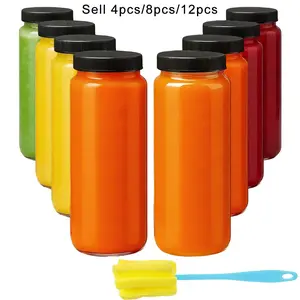 Glass Bottles with Lids, 4/8/12 pcs Glass Juice Bottles, 480ml Reusable Wide Mouth Glass Bottles with Lids, Clear Glass Juice Bottles for Milk, Hot Cold Drinks, Homemade Beverages