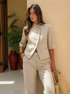 Elegant Women's Cropped Blazer Short Sleeve Blazers For Woman Stand-Collar Commute Blazer Office Look Fashion Women Tops Female Asymmetric Crop Khaki Coat Summer New In Outerwears