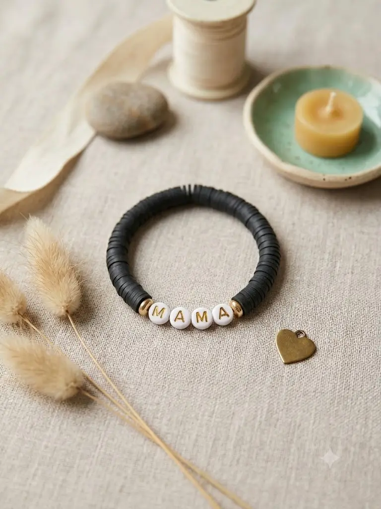 Black White Mama Bracelet Handmade Polymer Bead Fashion Jewelry