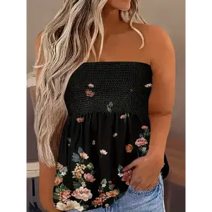 [Plus Size Floral Tank] Plus Size Strapless Floral Tank Top - Casual Sleeveless Summer Clothing - Vacation Loose Tube Top Pleated Stretch Tops