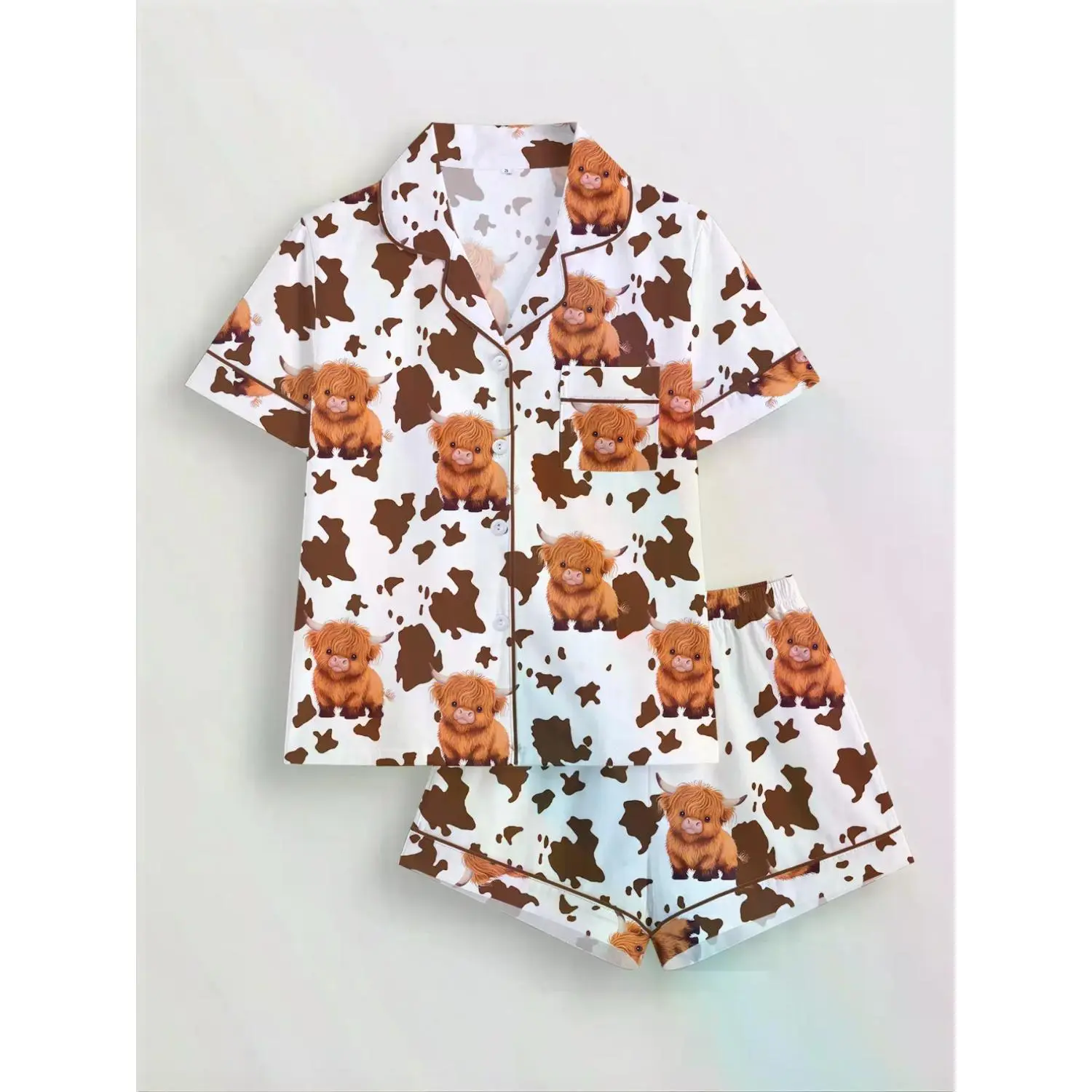Highland Cow Print Women's Pyjama Set - Short Sleeve Button-Up Top & Elastic Shorts, All-Season Casual Sleepwear, Chic Loungewear and Homewear Pajama Set