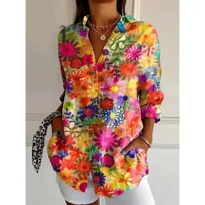 Women’s all-over floral print button-front shirt, casual long-sleeve blouse for daily wear, ladies’ clothing for all seasons, womenswear, casual trendy boho