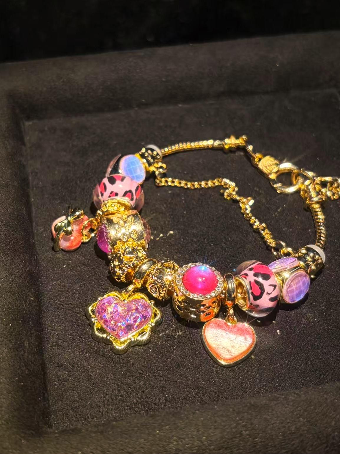 Women's Gold-Tone Stackable Adjustable Bracelet - Pink Leopard Print Beads, Glitter Heart Pendant, Bright Pink Rhinestone Charms - Fashion Statement Jewelry Gift