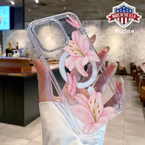 Magnetic Phone Case Compatible with iPhone 16 15 14 Pro Max 13 12 11 XR XS Plus E Chic Lily Charm Pattern Acrylic Hard Back Soft Silicone Edge Drop Protection Cover Gift