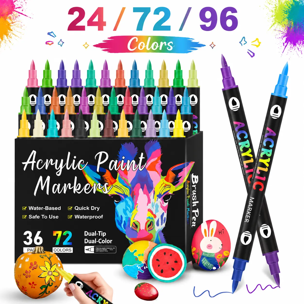 【Back to School】24/48/96 Color Dual-Tip AcrylicMarker Pen, Waterproof & Quick-Dry for Wood,Canvas, Stone, Glass & Rock Painting, DIY CraftsIdeal Christmas mini gifts teacher appreciation outdoorfun kindergarten graduation summerwins