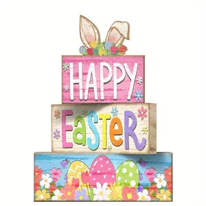4 Pcs Easter Table Decor, Bunny Couple Happy Easter Tiered Tray Decorations, Set Spring Bunny Rustic, Farmhouse Wooden Stack Block Signs, Party Tabletop Centerpiece for Home Office Mantel Shelf