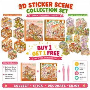 Summer Spring Gift New Year 2026 Gift DIY 3D Sticker Scenes 20 Sets of Stickers for Girls Make Your Own Mini Shop House Scene Stickers for Kids Cute Fun Cartoon Animal Sticker Therapy for Adult Relief Stress Pass The Time (A Sets Boxed)