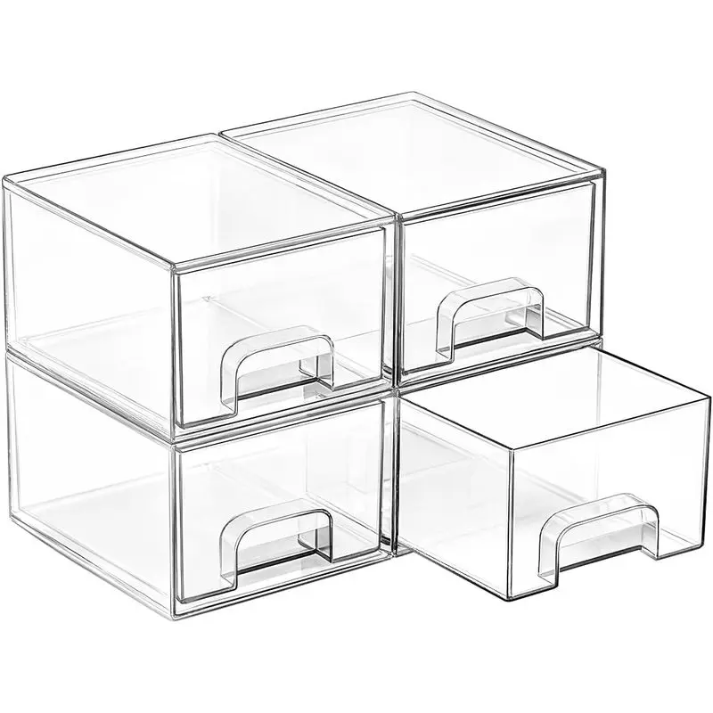 4 Pack Small Clear Stackable Storage Drawers, Fits Narrow Spaces |   Multi-Use Plastic Bins for Bathroom Cabinet Organizer, Makeup, Desk, Vanity, Undersink, ,Keeps Small Items Organized