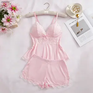 Women’s soft satin lace trim two-piece sleepwear set: adjustable thin shoulder straps V-neck camisole + stretchy lace shorts; soft sheen loungewear for all seasons, suitable for everyday bedroom wear and honeymoon outfits.