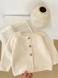 Unisex Baby Knit Cardigan, Spring & Fall Cotton Long Sleeve Round Neck, Casual Fitted Plain Design, Newborn Infant Outerwear, Baby Clothing