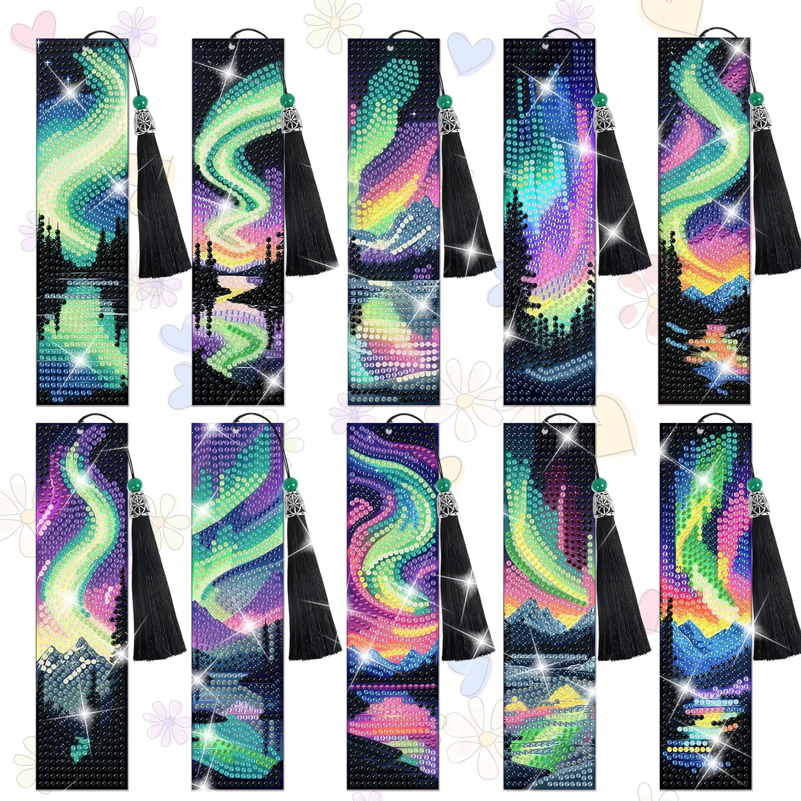 10-piece 5D Diamond Art Bookmark Kit, Stunning Enchanting Magic Aurora Night Scene DIY Diamond Painting Bookmarks, includes tool kit, handmade bookmark making kit, and free pendant, suitable for reading enthusiasts.