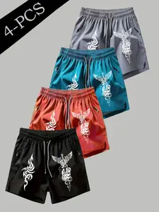 4 Pcs Men's Skull Snake Print Shorts, Drawstring Waist, Zip Pocket, Breathable Lightweight, Sporty Slim Fit, All Seasons