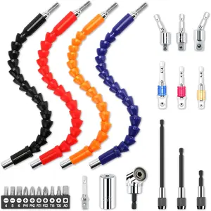 26Pcs Bike Repair Flexible Drill Bit Extension Set,105° Right Angle Drill Attachmentt,1/4 3/8 1/2"Impact Driver Rotatable Socket Adapter,Bits Holder,Bendable Drill Bit Extension Tool Set