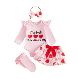 FOCUSNORM My First Valentines Day Outfits Clothes Dress Baby Girl Bubble Romper+Tiered Ruffle Shorts Bloomers Bow Socks Set
