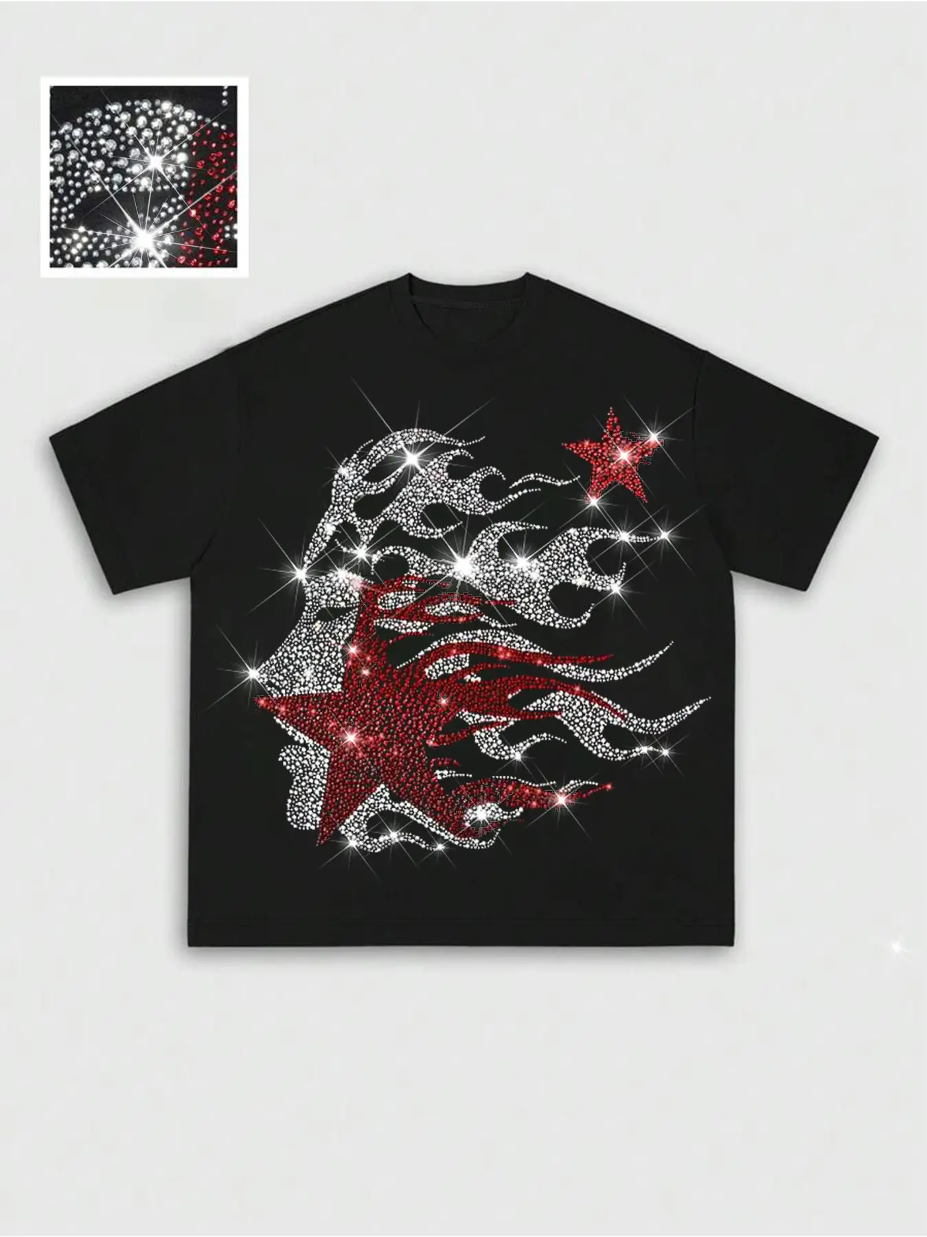 Men's Casual Short Sleeve Round Neck T-Shirt, Comfortable Fabric, Graphic Embroidered Flame & Stars, Regular Fit, Street Style, Streetwear, Perfect for
