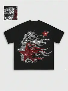 Men's Casual Short Sleeve Graphic T-Shirt, Rhinestone Flame Stars, Comfortable Fashion Daily Wear, Summer Must-Have