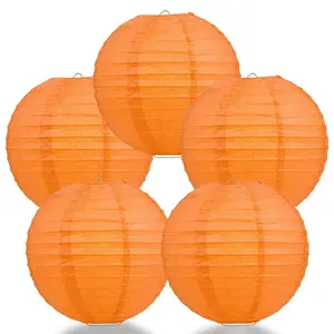 5-PACK 14" Persimmon Orange Round Paper Lantern, Parallel Ribbing, Chinese Hanging Wedding & Party Decoration