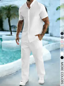 Men’s White Resort Wear Set, Stand Collar Shirt and Drawstring Trousers, Lightweight and Comfortable Spring & Summer Suit for Beach Vacations and Casual Events