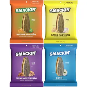 SMACKIN’ Sunflower Seeds 4-Flavor Variety Pack – 4oz Bags Cheddar Jalapeño, Cinnamon Churro, Garlic Parmesan & Ranch Snack
