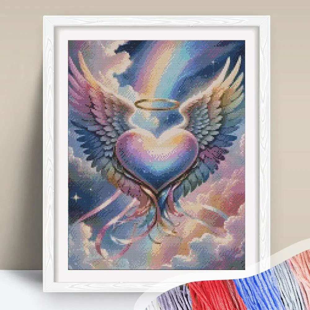 Wing & Heart Pattern Cross Stitch Kit, 1 Set DIY Cross Stitch Kit with Tools, DIY Embroidery Kit for Beginners, Embroidery Design, Embroidery Craft, Wall Art Decor for Home Living Room Bedroom