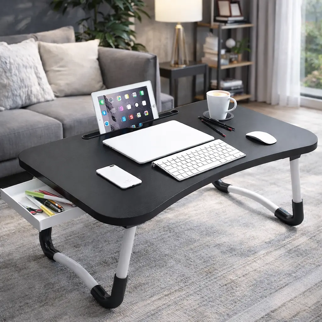 Foldable Lap Desk 23.6 Inch Portable Wood Laptop Desk Table Workspace Organizer Bed Tray with iPad Slots Cup Holder Drawer Anti-Slip for Working Reading Writing Eating Watching Black