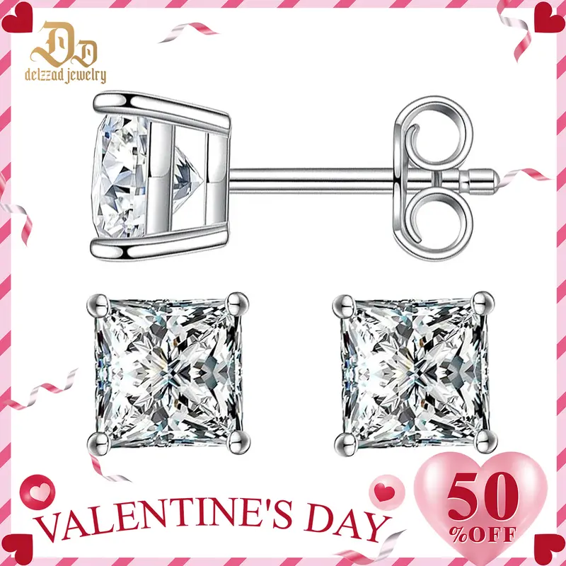 Delzzad 14K Gold-Plated Princess Cut Stud Earrings Lab-Created Moissanite Stud Earring S925 Sterling Silver Moissanite Jewelry Perfect Birthday Mother’s Day Christmas Gift for Men Women Wedding Set