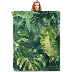 Leaf Blankets Gifts for Women Girls Soft Warm Lightweight Cozy Plush Tropical Green Plant Monstera and Banana Leaves throw Blanketss Decor 60"x50"